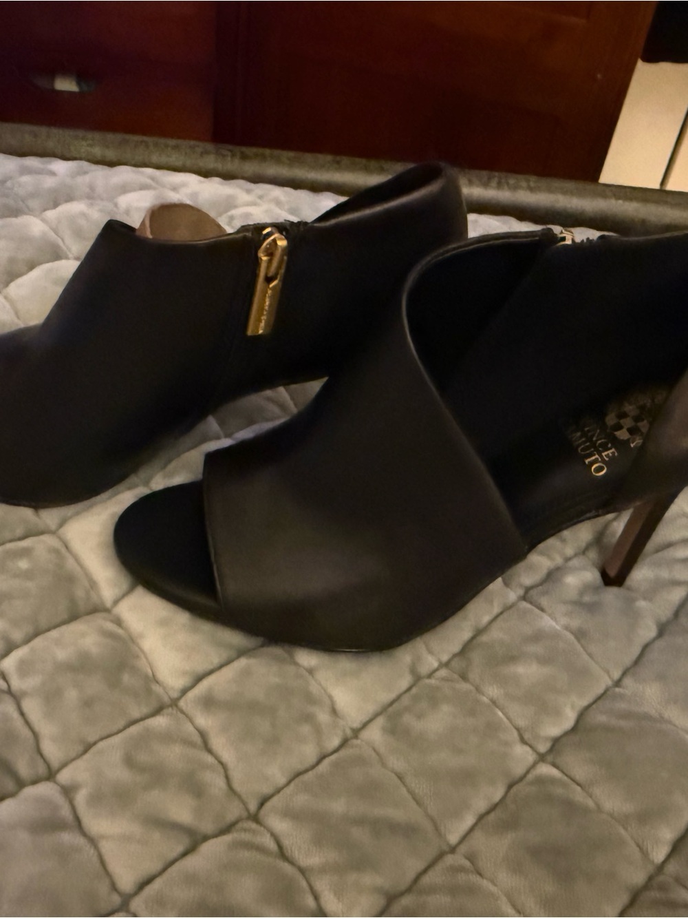 Vince Camuto Black Peep-Toe Stiletto Booties with Gold Zip